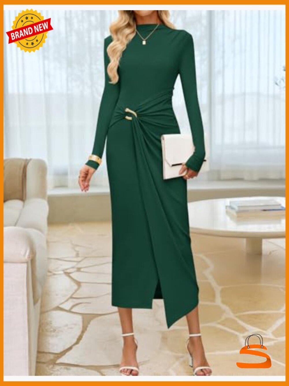 Long Sleeve Mock Neck Bodycon Midi Dress Cocktail Party Wedding Guest Dress - Picture 3 of 7